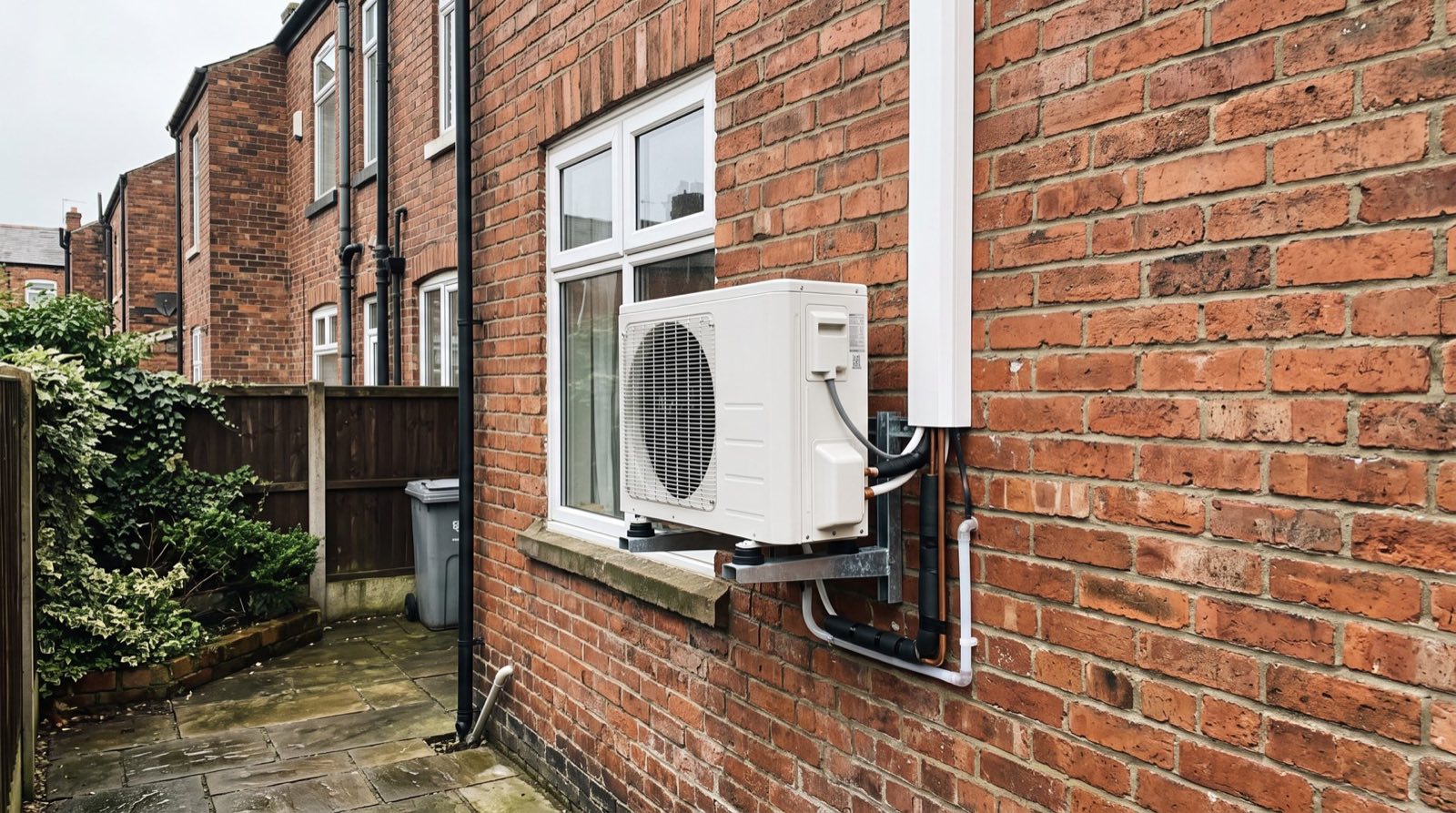 Air conditioning outdoor unit neatly fitted to a Manchester terraced house